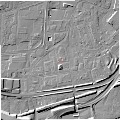 Shaded relief map of the ground around WA87SP, computed from Environment Agency LiDAR. The ground here sits at about 10 m above sea level and falls 11 m across the surrounding 800 m. Surface water reaching this point runs off ground lying to the south, 2.8 m higher.