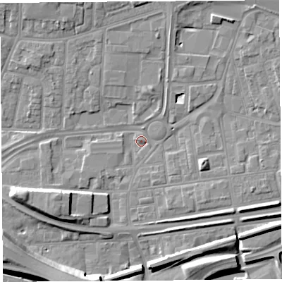 Shaded relief map of the ground around WA87SS, computed from Environment Agency LiDAR. The ground here sits at about 9 m above sea level and falls 11 m across the surrounding 800 m. Surface water reaching this point runs off ground lying to the east-south-east, 5.6 m higher.