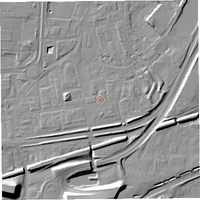 Shaded relief map of the ground around WA87SW, computed from Environment Agency LiDAR. The ground here sits at about 10 m above sea level and falls 12 m across the surrounding 800 m. Surface water reaching this point runs off ground lying to the west-south-west, 0.8 m higher.