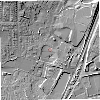 Shaded relief map of the ground around WA87TN, computed from Environment Agency LiDAR. The ground here sits at about 14 m above sea level and falls 19 m across the surrounding 800 m. Surface water reaching this point runs off ground lying to the north-east, 1.5 m higher.