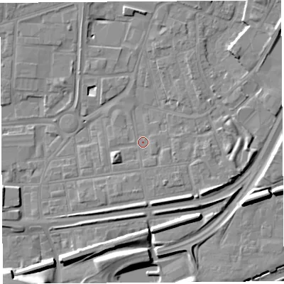 Shaded relief map of the ground around WA87TR, computed from Environment Agency LiDAR. The ground here sits at about 10 m above sea level and falls 12 m across the surrounding 800 m. Surface water reaching this point runs off ground lying to the south-south-east, 1.7 m higher.