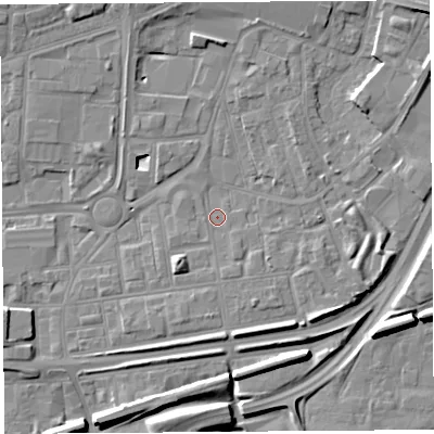 Shaded relief map of the ground around WA87TS, computed from Environment Agency LiDAR. The ground here sits at about 9 m above sea level and falls 8 m across the surrounding 800 m. Surface water reaching this point runs off ground lying to the north-east, 5.2 m higher.