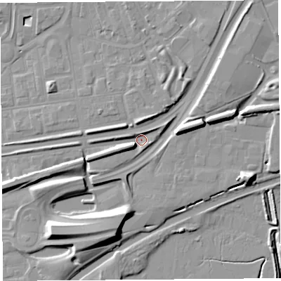 Shaded relief map of the ground around WA87UA, computed from Environment Agency LiDAR. The ground here sits at about 8 m above sea level and falls 15 m across the surrounding 800 m. Surface water reaching this point runs off ground lying to the south-west, 6.9 m higher.