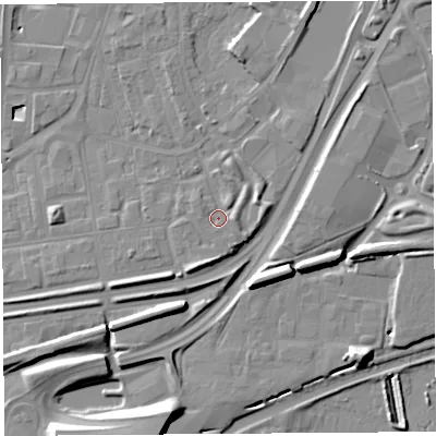 Shaded relief map of the ground around WA87UB, computed from Environment Agency LiDAR. The ground here sits at about 10 m above sea level and falls 14 m across the surrounding 800 m. Surface water reaching this point runs off ground lying to the north-north-east, 2.0 m higher.