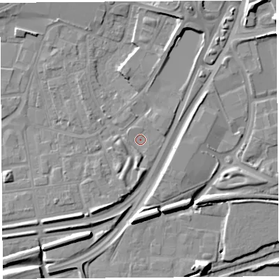 Shaded relief map of the ground around WA87UE, computed from Environment Agency LiDAR. The ground here sits at about 10 m above sea level and falls 12 m across the surrounding 800 m. Surface water reaching this point runs off ground lying to the south, 2.1 m higher.