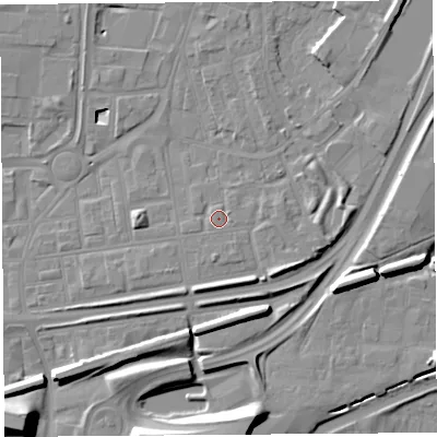 Shaded relief map of the ground around WA87XX, computed from Environment Agency LiDAR. The ground here sits at about 10 m above sea level and falls 12 m across the surrounding 800 m. Surface water reaching this point runs off ground lying to the east, 0.8 m higher.