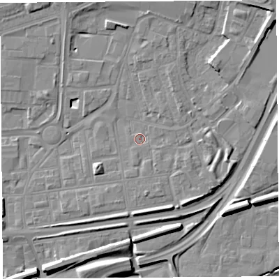 Shaded relief map of the ground around WA87XZ, computed from Environment Agency LiDAR. The ground here sits at about 10 m above sea level and falls 10 m across the surrounding 800 m. Surface water reaching this point runs off ground lying to the north-east, 3.8 m higher.