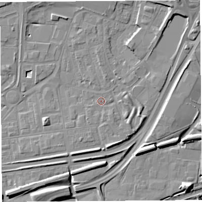 Shaded relief map of the ground around WA87YA, computed from Environment Agency LiDAR. The ground here sits at about 10 m above sea level and falls 12 m across the surrounding 800 m. Surface water reaching this point runs off ground lying to the north-east, 5.4 m higher.