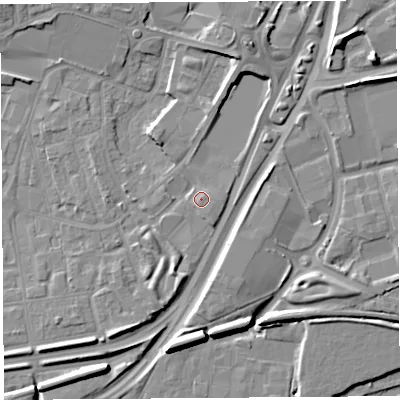 Shaded relief map of the ground around WA87YT, computed from Environment Agency LiDAR. The ground here sits at about 11 m above sea level and falls 12 m across the surrounding 800 m. Surface water reaching this point runs off ground lying to the east, 1.0 m higher.
