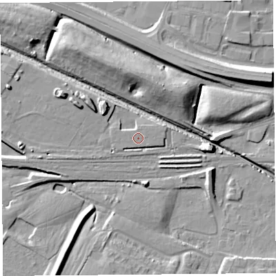 Shaded relief map of the ground around WA88GS, computed from Environment Agency LiDAR. The ground here sits at about 8 m above sea level and falls 13 m across the surrounding 800 m. The ground contributing surface water to this point lies to the east-south-east.
