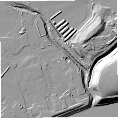Shaded relief map of the ground around WA88GT, computed from Environment Agency LiDAR. The ground here sits at about 8 m above sea level and falls 41 m across the surrounding 800 m. Surface water reaching this point runs off ground lying to the east-north-east, 0.7 m higher.