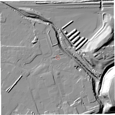 Shaded relief map of the ground around WA88GU, computed from Environment Agency LiDAR. The ground here sits at about 7 m above sea level and falls 36 m across the surrounding 800 m. Surface water reaching this point runs off ground lying to the north, 1.7 m higher.