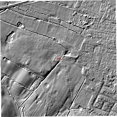 Shaded relief map of the ground around WA88JT, computed from Environment Agency LiDAR. The ground here sits at about 12 m above sea level and falls 15 m across the surrounding 800 m. Surface water reaching this point runs off ground lying to the north-east, 8.7 m higher.