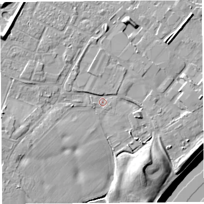 Shaded relief map of the ground around WA88LP, computed from Environment Agency LiDAR. The ground here sits at about 11 m above sea level and falls 16 m across the surrounding 800 m. Surface water reaching this point runs off ground lying to the east-south-east, 3.2 m higher.