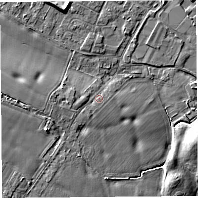 Shaded relief map of the ground around WA88LR, computed from Environment Agency LiDAR. The ground here sits at about 12 m above sea level and falls 9 m across the surrounding 800 m. Surface water reaching this point runs off ground lying to the west-south-west, 3.6 m higher.
