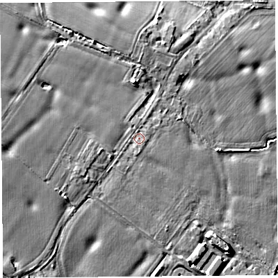Shaded relief map of the ground around WA88LT, computed from Environment Agency LiDAR. The ground here sits at about 14 m above sea level and falls 7 m across the surrounding 800 m. Surface water reaching this point runs off ground lying to the south-east, 0.7 m higher.