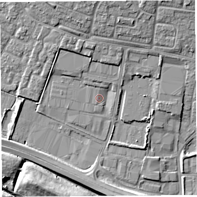Shaded relief map of the ground around WA88PT, computed from Environment Agency LiDAR. The ground here sits at about 8 m above sea level and falls 12 m across the surrounding 800 m. Surface water reaching this point runs off ground lying to the north, 8.1 m higher.