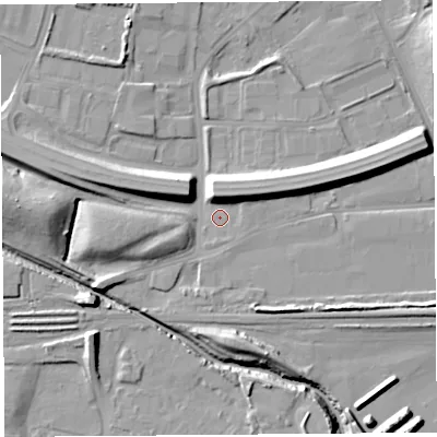 Shaded relief map of the ground around WA88PU, computed from Environment Agency LiDAR. The ground here sits at about 7 m above sea level and falls 14 m across the surrounding 800 m. Surface water reaching this point runs off ground lying to the north, 7.0 m higher.