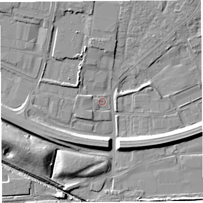 Shaded relief map of the ground around WA88PX, computed from Environment Agency LiDAR. The ground here sits at about 7 m above sea level and falls 13 m across the surrounding 800 m. Surface water reaching this point runs off ground lying to the south-west, 2.1 m higher.