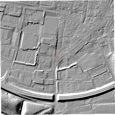 Shaded relief map of the ground around WA88PZ, computed from Environment Agency LiDAR. The ground here sits at about 7 m above sea level and falls 12 m across the surrounding 800 m. Surface water reaching this point runs off ground lying to the south, 7.6 m higher.