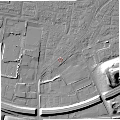 Shaded relief map of the ground around WA88QB, computed from Environment Agency LiDAR. The ground here sits at about 8 m above sea level and falls 21 m across the surrounding 800 m. Surface water reaching this point runs off ground lying to the north-north-east, 2.8 m higher.