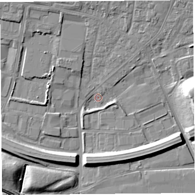 Shaded relief map of the ground around WA88QD, computed from Environment Agency LiDAR. The ground here sits at about 6 m above sea level and falls 17 m across the surrounding 800 m. Surface water reaching this point runs off ground lying to the south-south-west, 7.9 m higher.