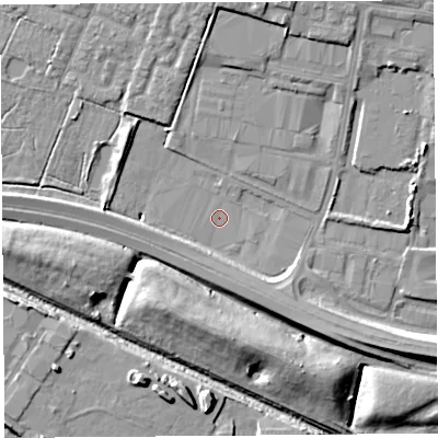 Shaded relief map of the ground around WA88RB, computed from Environment Agency LiDAR. The ground here sits at about 7 m above sea level and falls 12 m across the surrounding 800 m. Surface water reaching this point runs off ground lying to the south-east, 5.5 m higher.