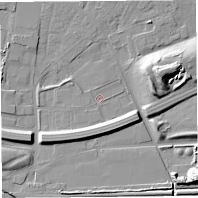 Shaded relief map of the ground around WA88TL, computed from Environment Agency LiDAR. The ground here sits at about 7 m above sea level and falls 22 m across the surrounding 800 m. Surface water reaching this point runs off ground lying to the north-north-west, 1.2 m higher.