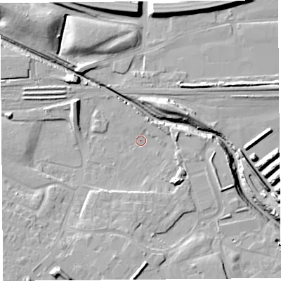 Shaded relief map of the ground around WA88TN, computed from Environment Agency LiDAR. The ground here sits at about 6 m above sea level and falls 15 m across the surrounding 800 m. Surface water reaching this point runs off ground lying to the south-west, 6.5 m higher.