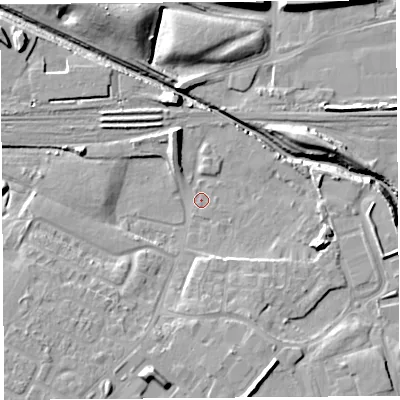 Shaded relief map of the ground around WA88TS, computed from Environment Agency LiDAR. The ground here sits at about 6 m above sea level and falls 14 m across the surrounding 800 m. Surface water reaching this point runs off ground lying to the south-south-west, 6.9 m higher.