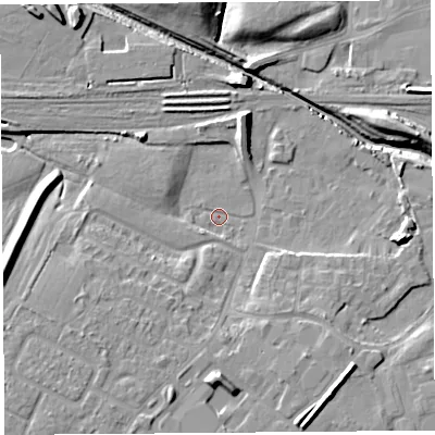 Shaded relief map of the ground around WA88TT, computed from Environment Agency LiDAR. The ground here sits at about 6 m above sea level and falls 12 m across the surrounding 800 m. Surface water reaching this point runs off ground lying to the south, 9.0 m higher.