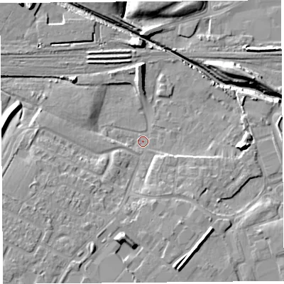 Shaded relief map of the ground around WA88TU, computed from Environment Agency LiDAR. The ground here sits at about 6 m above sea level and falls 12 m across the surrounding 800 m. Surface water reaching this point runs off ground lying to the south-south-west, 9.0 m higher.