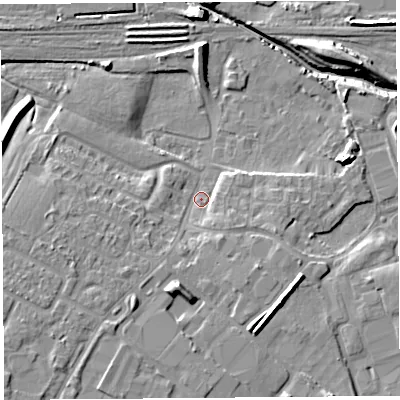 Shaded relief map of the ground around WA88TY, computed from Environment Agency LiDAR. The ground here sits at about 7 m above sea level and falls 12 m across the surrounding 800 m. Surface water reaching this point runs off ground lying to the south-south-west, 8.5 m higher.