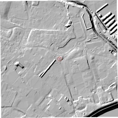 Shaded relief map of the ground around WA88TZ, computed from Environment Agency LiDAR. The ground here sits at about 10 m above sea level and falls 15 m across the surrounding 800 m. Surface water reaching this point runs off ground lying to the south-west, 4.5 m higher.