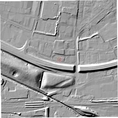 Shaded relief map of the ground around WA88UA, computed from Environment Agency LiDAR. The ground here sits at about 7 m above sea level and falls 13 m across the surrounding 800 m. Surface water reaching this point runs off ground lying to the south, 7.1 m higher.