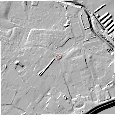 Shaded relief map of the ground around WA88UB, computed from Environment Agency LiDAR. The ground here sits at about 10 m above sea level and falls 15 m across the surrounding 800 m. Surface water reaching this point runs off ground lying to the south-west, 4.5 m higher.