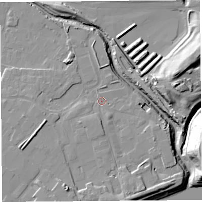 Shaded relief map of the ground around WA88UD, computed from Environment Agency LiDAR. The ground here sits at about 7 m above sea level and falls 34 m across the surrounding 800 m. Surface water reaching this point runs off ground lying to the south-south-west, 8.5 m higher.
