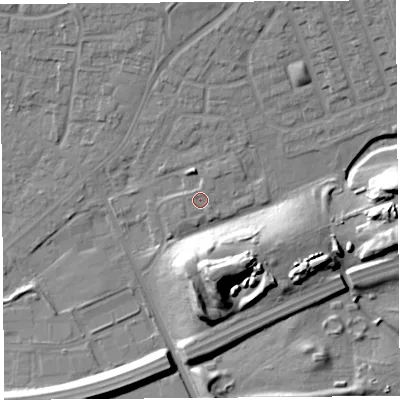 Shaded relief map of the ground around WA88UE, computed from Environment Agency LiDAR. The ground here sits at about 10 m above sea level and falls 20 m across the surrounding 800 m. Surface water reaching this point runs off ground lying to the north-north-west, 2.5 m higher.