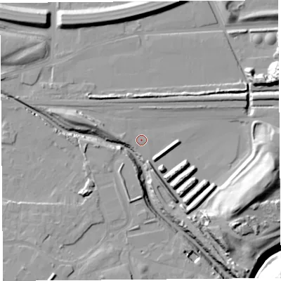Shaded relief map of the ground around WA88UF, computed from Environment Agency LiDAR. The ground here sits at about 7 m above sea level and falls 34 m across the surrounding 800 m. Surface water reaching this point runs off ground lying to the east-north-east, 5.0 m higher.