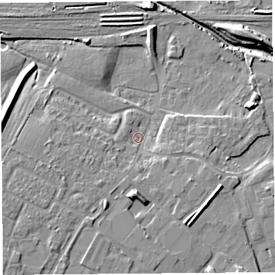 Shaded relief map of the ground around WA88UG, computed from Environment Agency LiDAR. The ground here sits at about 7 m above sea level and falls 12 m across the surrounding 800 m. Surface water reaching this point runs off ground lying to the south-west, 5.6 m higher.