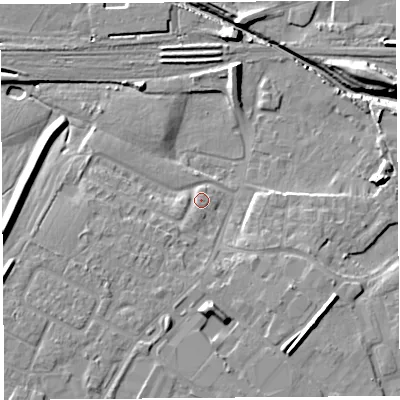 Shaded relief map of the ground around WA88UH, computed from Environment Agency LiDAR. The ground here sits at about 8 m above sea level and falls 12 m across the surrounding 800 m. Surface water reaching this point runs off ground lying to the south, 9.0 m higher.