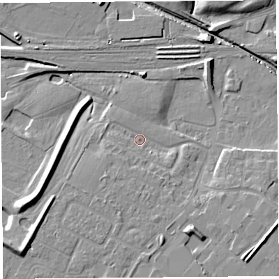 Shaded relief map of the ground around WA88UN, computed from Environment Agency LiDAR. The ground here sits at about 7 m above sea level and falls 12 m across the surrounding 800 m. Surface water reaching this point runs off ground lying to the south-west, 5.0 m higher.