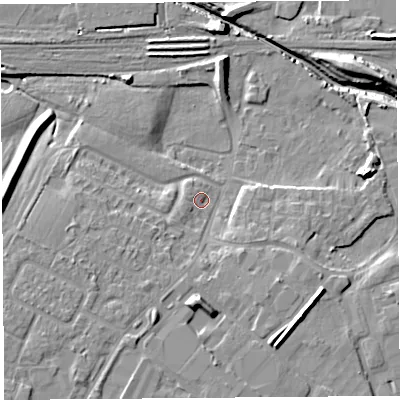 Shaded relief map of the ground around WA88UQ, computed from Environment Agency LiDAR. The ground here sits at about 7 m above sea level and falls 12 m across the surrounding 800 m. Surface water reaching this point runs off ground lying to the south, 8.6 m higher.