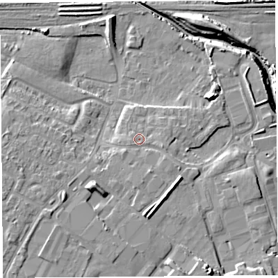 Shaded relief map of the ground around WA88WD, computed from Environment Agency LiDAR. The ground here sits at about 9 m above sea level and falls 13 m across the surrounding 800 m. Surface water reaching this point runs off ground lying to the south-west, 5.8 m higher.