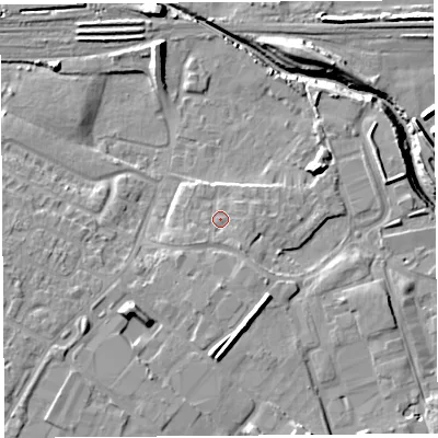 Shaded relief map of the ground around WA88WE, computed from Environment Agency LiDAR. The ground here sits at about 8 m above sea level and falls 13 m across the surrounding 800 m. Surface water reaching this point runs off ground lying to the south-west, 6.5 m higher.