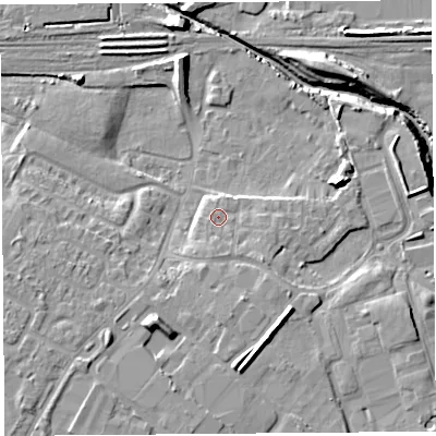 Shaded relief map of the ground around WA88WF, computed from Environment Agency LiDAR. The ground here sits at about 8 m above sea level and falls 13 m across the surrounding 800 m. Surface water reaching this point runs off ground lying to the south-south-west, 6.6 m higher.