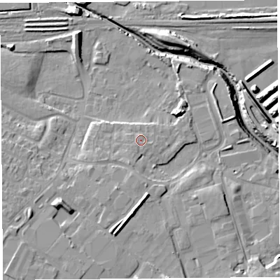 Shaded relief map of the ground around WA88WG, computed from Environment Agency LiDAR. The ground here sits at about 9 m above sea level and falls 13 m across the surrounding 800 m. Surface water reaching this point runs off ground lying to the south-west, 0.9 m higher.