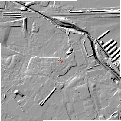 Shaded relief map of the ground around WA88WH, computed from Environment Agency LiDAR. The ground here sits at about 8 m above sea level and falls 14 m across the surrounding 800 m. Surface water reaching this point runs off ground lying to the south-west, 1.8 m higher.