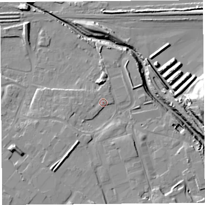 Shaded relief map of the ground around WA88WJ, computed from Environment Agency LiDAR. The ground here sits at about 8 m above sea level and falls 19 m across the surrounding 800 m. Surface water reaching this point runs off ground lying to the south-west, 6.6 m higher.