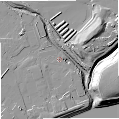 Shaded relief map of the ground around WA88ZA, computed from Environment Agency LiDAR. The ground here sits at about 8 m above sea level and falls 42 m across the surrounding 800 m. Surface water reaching this point runs off ground lying to the east-south-east, 4.1 m higher.